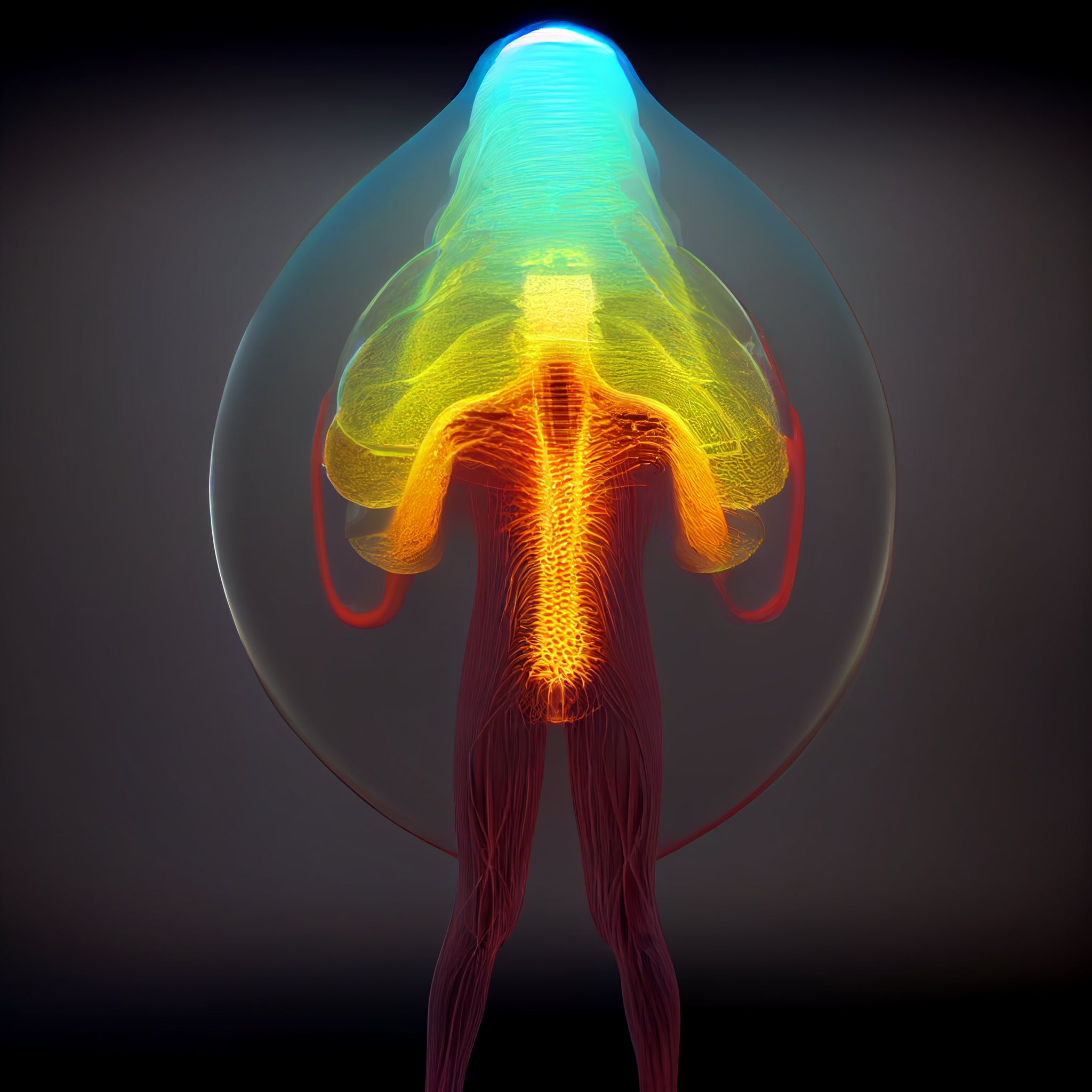 Digital render of the human electro-magnetic field represented as a series of nested bubbles around the human body.